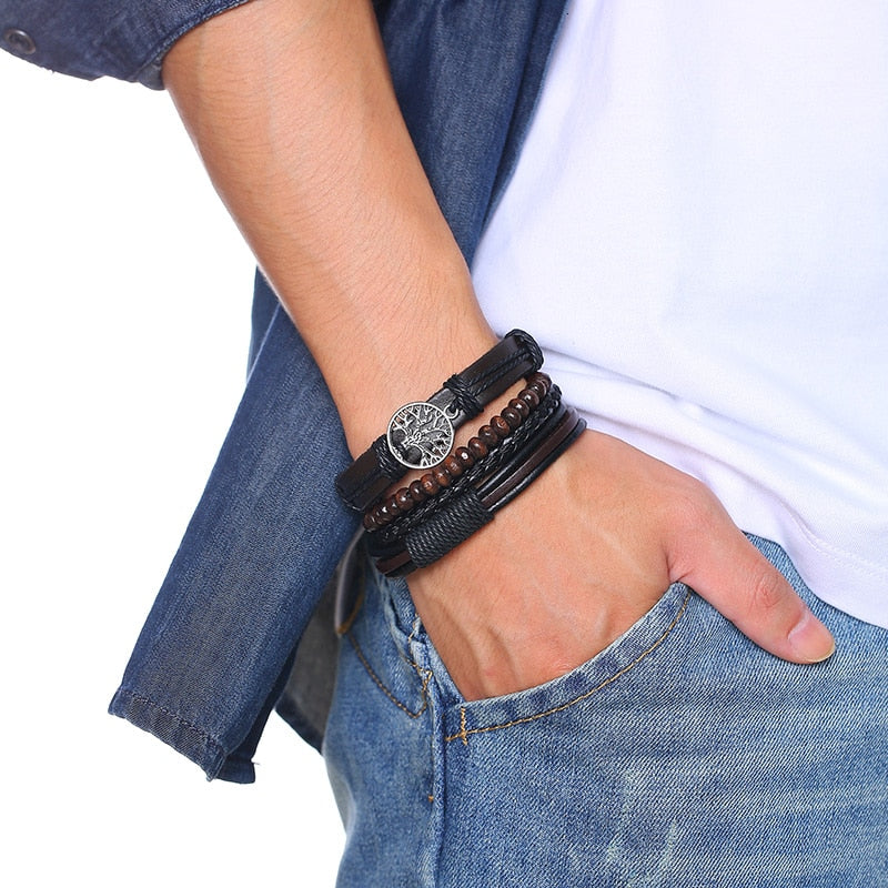 Men's Vintage Beaded and Leather Bracelets