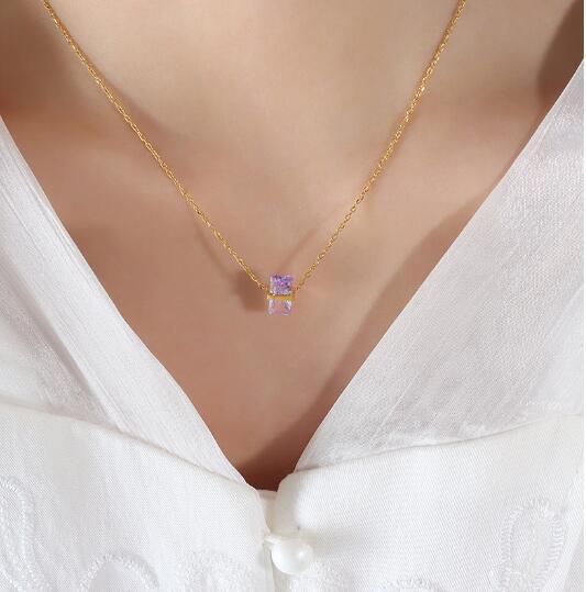 Birthstone Stainless Steel Necklace with Clavicle Chain